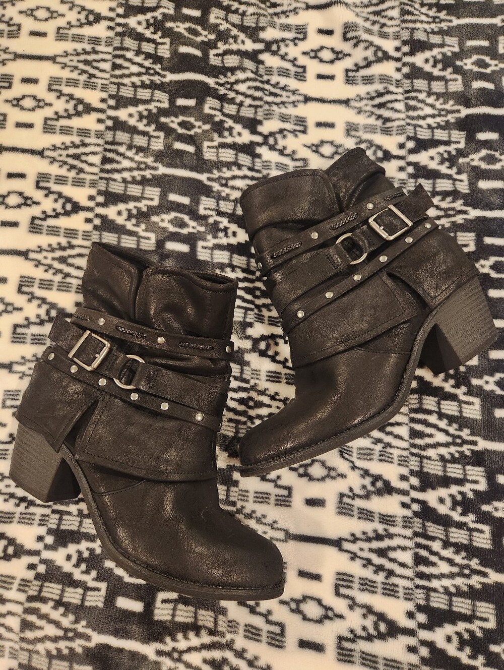Women's Black Studded Buckle Ankle Boots, Size 7.5M